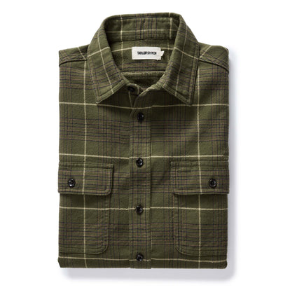 folded flatlay of The Ledge Shirt in Olive Plaid