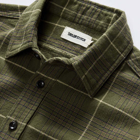 material shot of the collar on The Ledge Shirt in Olive Plaid, Wovens by Taylor Stitch