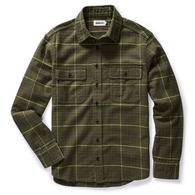 flatlay of The Ledge Shirt in Olive Plaid, Wovens by Taylor Stitch