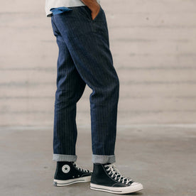 fit model showing off The Morse Pant in Rinsed Indigo Herringbone, Bottoms by Taylor Stitch