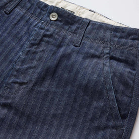 material shot of the waistband on The Morse Pant in Rinsed Indigo Herringbone, Bottoms by Taylor Stitch