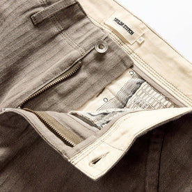 material shot of the zipper on The Morse Pant in Soil Herringbone, Bottoms by Taylor Stitch