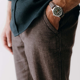 fit model with his hand in his pocket wearing The Morse Pant in Soil Herringbone, Bottoms by Taylor Stitch