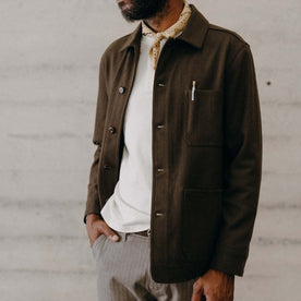 fit model with his hand in his pocket wearing The Ojai Jacket in Army Herringbone Wool, Outerwear by Taylor Stitch