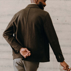 fit model showing off the back of The Ojai Jacket in Army Herringbone Wool, Outerwear by Taylor Stitch