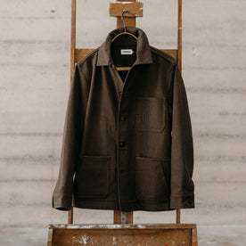 editorial image of The Ojai Jacket in Army Herringbone Wool hanging, Outerwear by Taylor Stitch