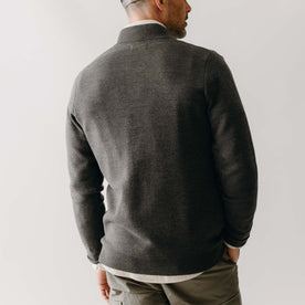 fit model showing off the back of The Portola Bomber in Heather Loden Merino, Knits by Taylor Stitch