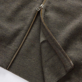 material shot of the zipper on The Portola Bomber in Heather Loden Merino, Knits by Taylor Stitch