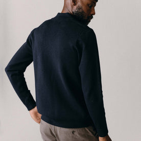 fit model showing off The Portola Bomber in Midnight Merino, Knits by Taylor Stitch