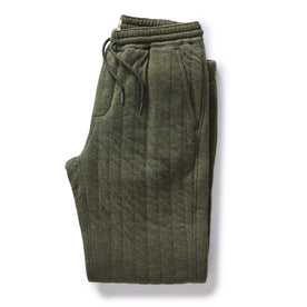 folded flatlay of The Quilted Apres Pant in Heather Fatigue Olive Jersey, Bottoms by Taylor Stitch