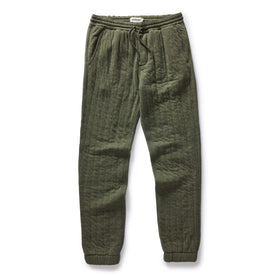 flatlay of The Quilted Apres Pant in Heather Fatigue Olive Jersey, Bottoms by Taylor Stitch