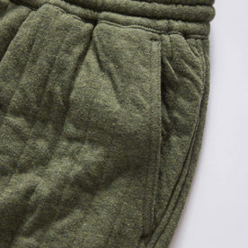 material shot of the pocket on The Quilted Apres Pant in Heather Fatigue Olive Jersey, Bottoms by Taylor Stitch