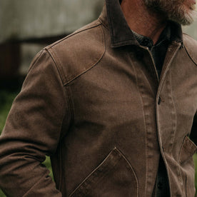 fit model showing off the shoulders on The Upland Jacket in Aged Penny Chipped Canvas, Outerwear by Taylor Stitch