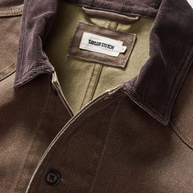 material shot of the collar on The Upland Jacket in Aged Penny Chipped Canvas, Outerwear by Taylor Stitch