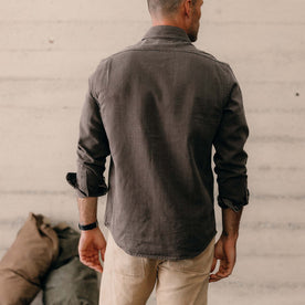 fit model showing off the back of The Utility Shirt in Soil Selvedge Denim, Wovens by Taylor Stitch