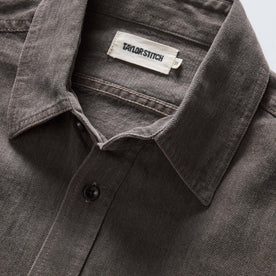 material shot of the collar on The Utility Shirt in Soil Selvedge Denim, Wovens by Taylor Stitch