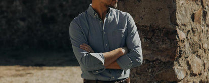 Model wearing The Jack Oxford Shirt in Washed Indigo