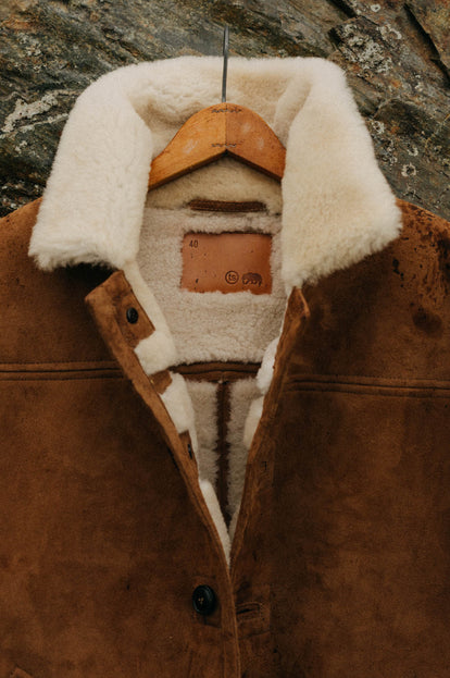 Close up of the High Plains Coat in Walnut Shearling