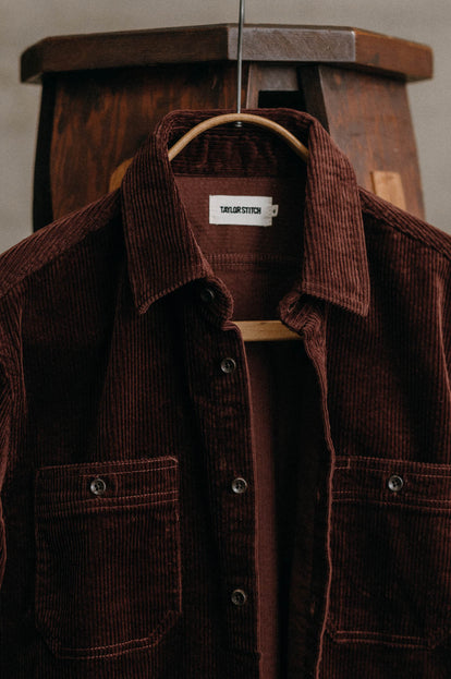 Close up of The Utility Shirt in Burgundy Corduroy