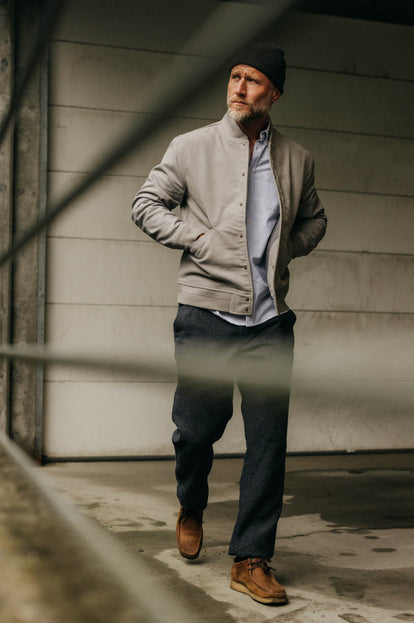 Model walking in The Campus Jacket in Grey Moleskin