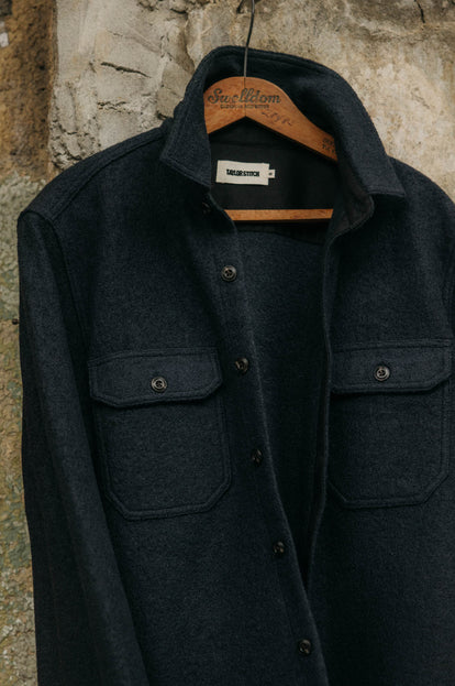 Close up of The Connor Overshirt in Navy Boucle